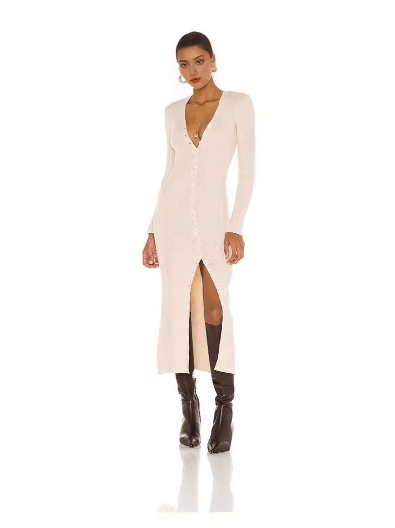 cross-border women's knitted long-sleeve single-breasted dress v-neck slim-fit maxi dress