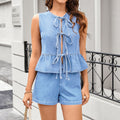 European and american cross-border new arrival:   summer ruffle tie-up denim vest top set for women