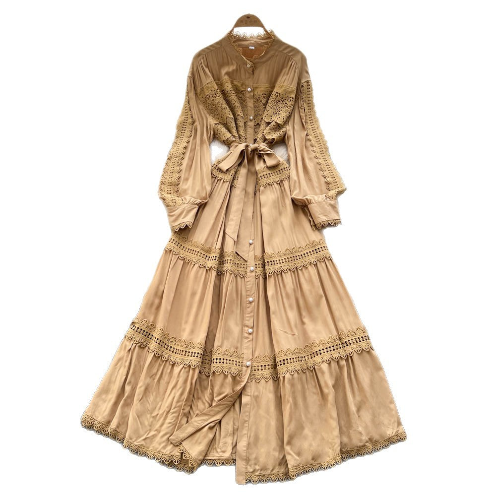 Vintage court style lantern sleeve dress - women's summer hollow-out crochet single-breasted elegant mature lady long dress