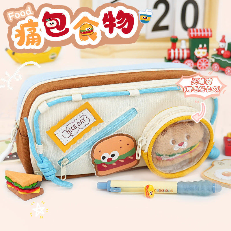 2025 Pain bag pencil bag New girls niche cute high-value burger Large capacity stationery box DIY stationery bag