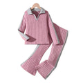 Girls' two-piece outfit for export: purple-pink and gray striped, turn-down collar, long-sleeved top with flared pants - kids' casual set