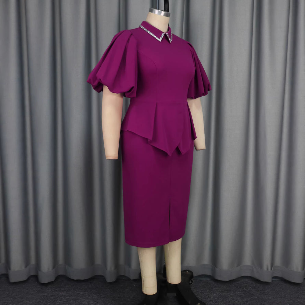 plus size lapel hot diamond rufflesdress puff sleeve waist silm hip-covering banquet dress