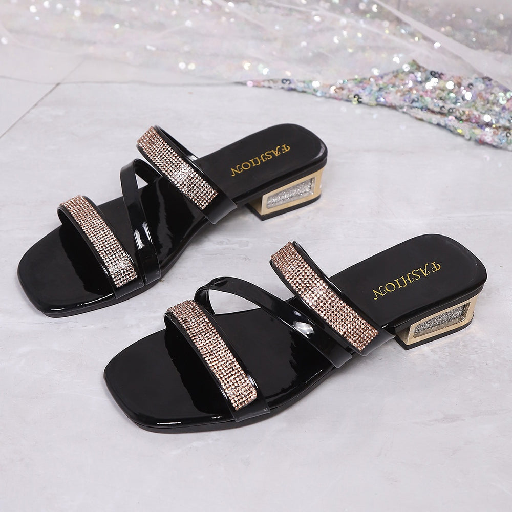2026 new slippers: european and american rhinestone fashion square toe thong sandals, casual outdoor wear, plus size low heel slides