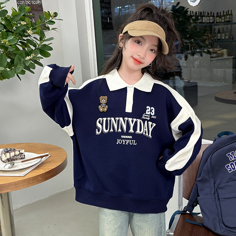 Girls' spring casual sweatshirt  new kids' polo collar fashion long sleeve little girl's spring/autumn stylish top