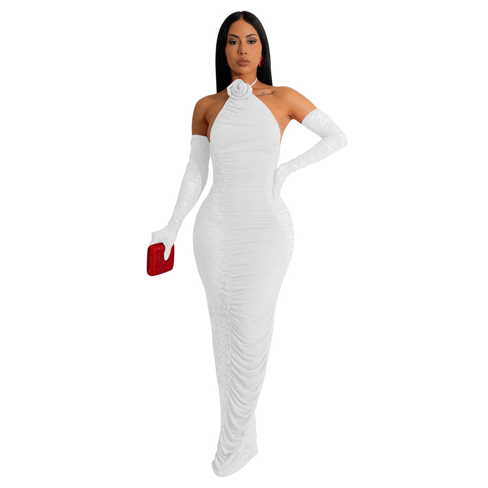 X6379   fashion women's solid color long gloves hollow lace long dress