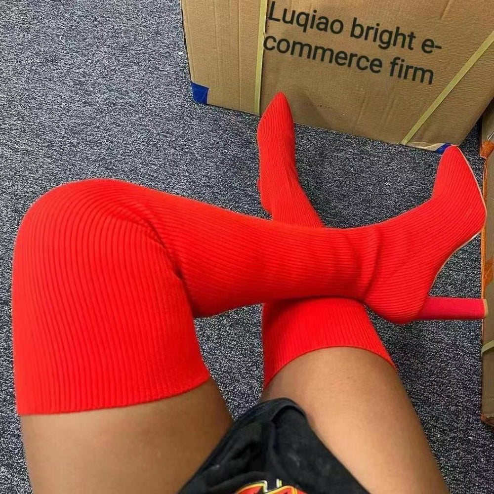 Sock boots women's  summer autumn new arrival elastic boots over the knee thick heel pointed toe slim boots knitting socks autumn winter