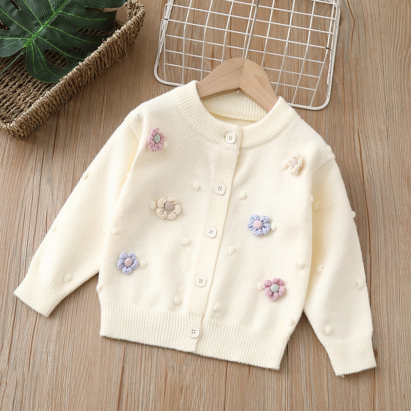 Girls' cardigan knit sweater kids' outerwear  autumn/winter new handmade floral baby girl top