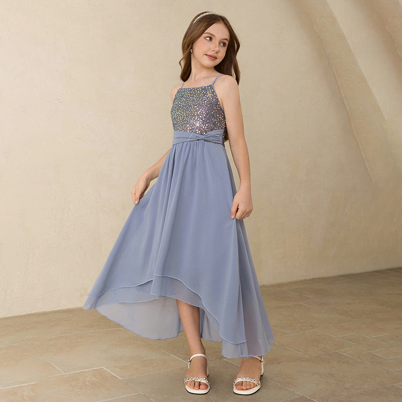 Girls' dress with asymmetrical hem design, suspender skirt, sequin patchwork, big kids' dress, european and american style, cross-border ready stock