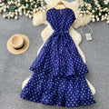 French polka dot round neck sleeveless dress women's red high waist slimming a-line dress elegant commute maxi dress