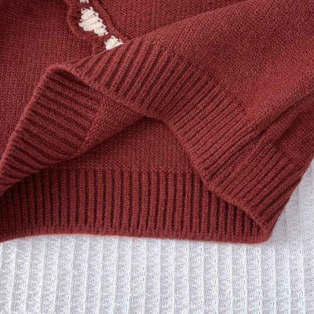 Girls' korean style sweater - new autumn/winter sweet 3d heart top - christmas baby girl round neck knitted long sleeve sweater