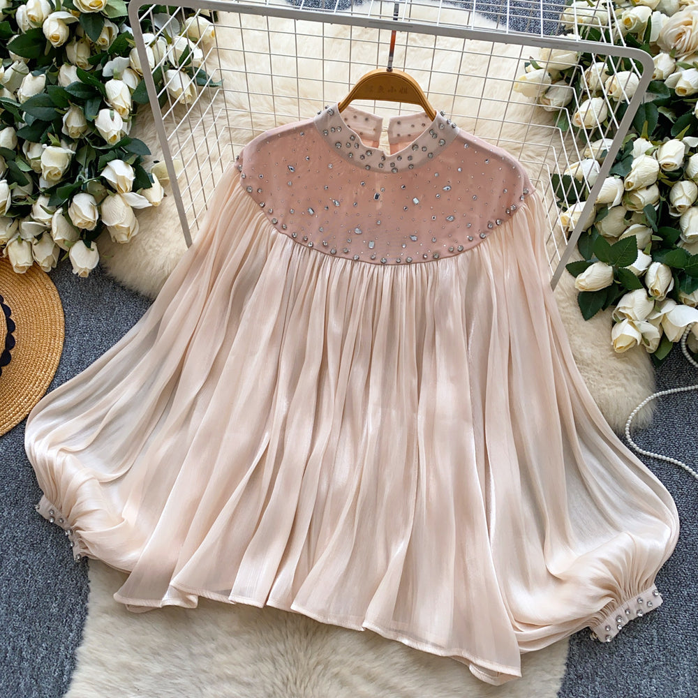 French style palace style heavy industry hot diamond mesh patchwork lantern sleeve streamer mesh shirt loose flesh-covering tops