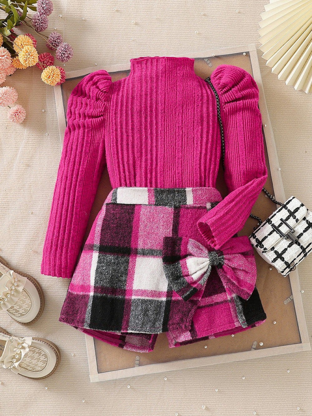 new autumn cross-border girls' mock neck bubble sleeve top and a-line bow shorts set