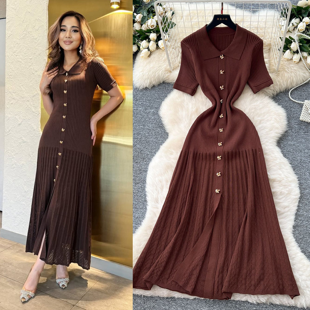 Frenchretropolo collar short-sleeved metal button silmslimming lookdress women's classy sense waist knitting long skirt