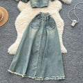 Summer outfit set for women: chic square neck puff sleeve cropped denim top + high-waisted flared midi skirt