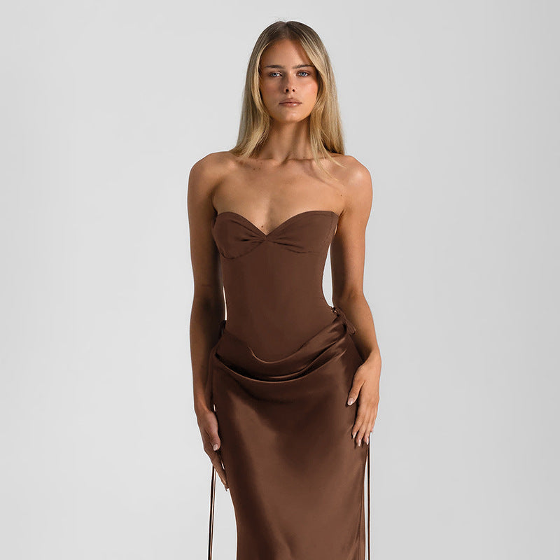 European and american style  spring new arrival: fashionable and elegant sleeveless patchwork bandeau waist-cinching tie-up sexy bodycon dress