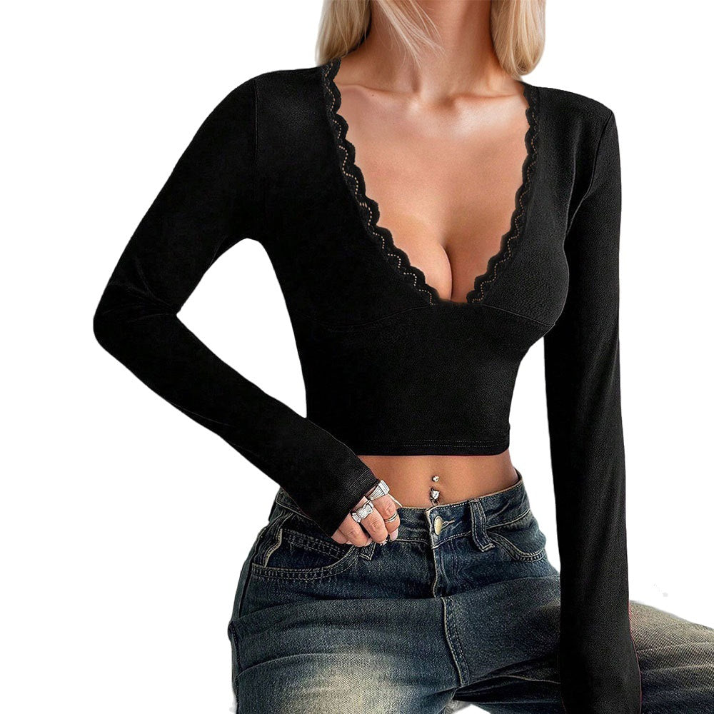 Amazon cross-border women's fashion: european and american sexy sweet & spicy t-shirt - spring/summer deep v design long sleeve base layer top