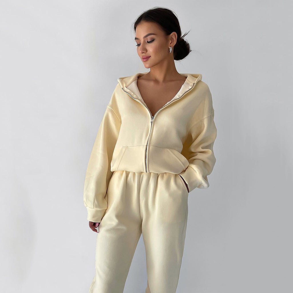 Europe and the United States popular 2024 independent station   autumn women's hooded zipper cardigan sweater casual suit