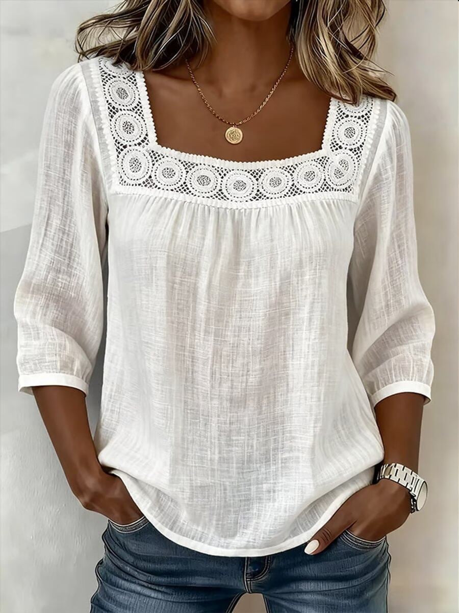 new cross-border  summer solid color casual square neck lace trimmed three-quarter sleeve cotton linen short-sleeve top for women