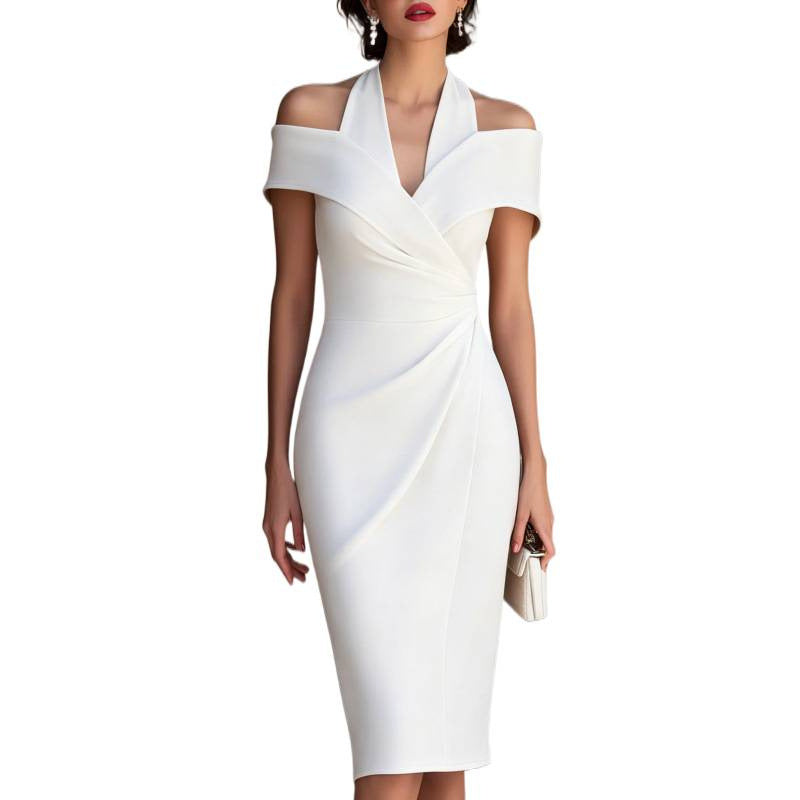 Fashion cross-border sexy off-shoulder pleated veterinary dress dress
