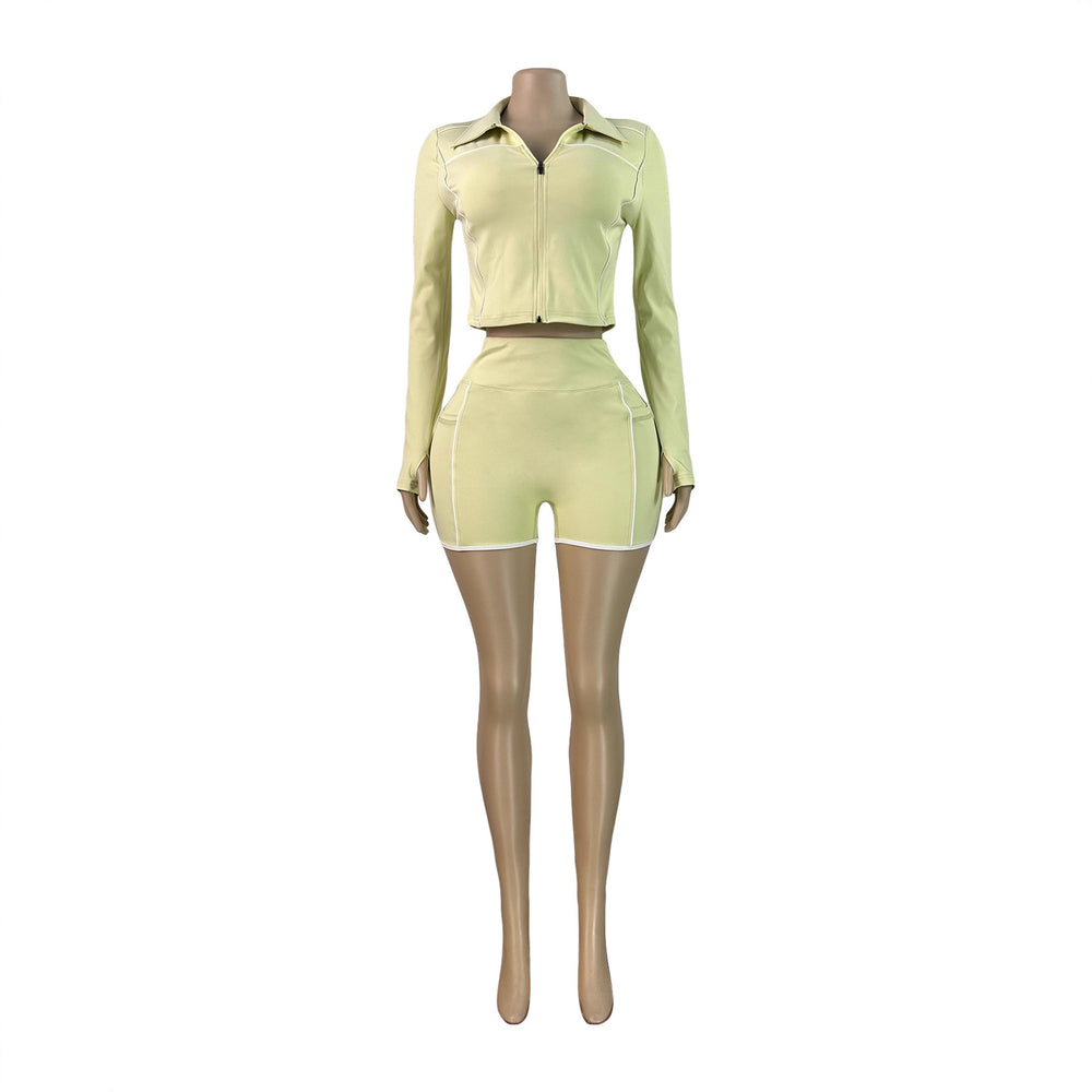fashionfashion women's silm zipper long sleeves thumb button tops shorts two-piece set sports suit