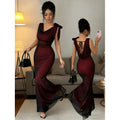 Women's summer new fashion elegant mesh cowl neck backless asymmetrical bow tie waist long dress