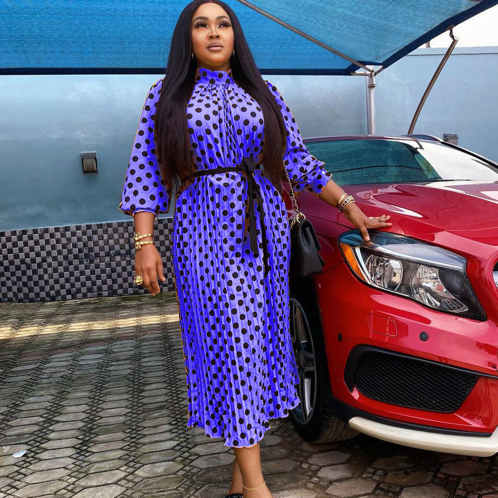 D123t   cross-border women's loose pleated polka dot maxi dress, plus size european and american style dress