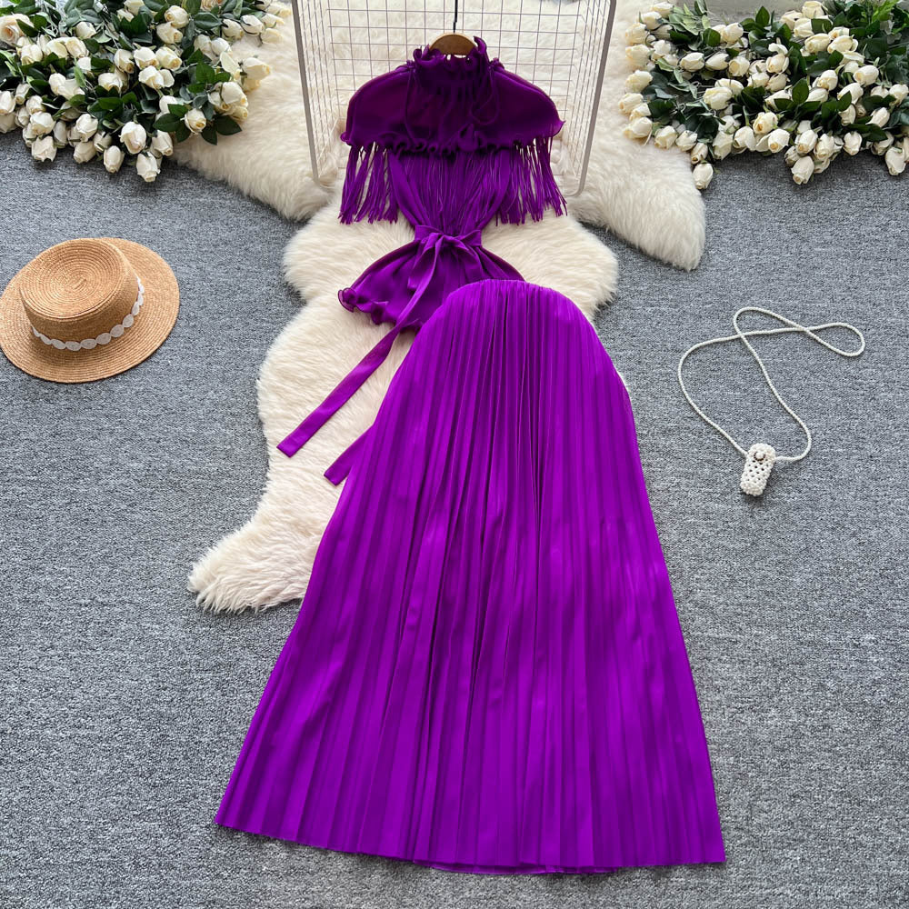 Miya pleated suit women's sense of design strappy waist tassel pleated topshigh waistpleated skirttwo-piece set