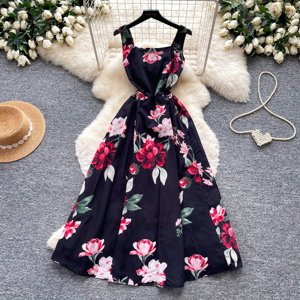 French riviera style printed cami dress - women's summer soft & chic white a-line dress - slim fit, figure-flattering, elegant maxi dress