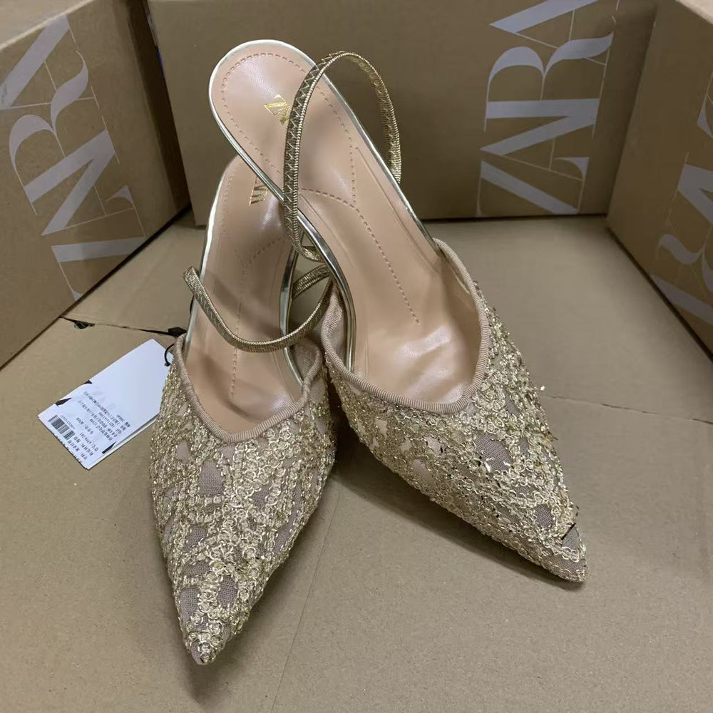 Za's 2026 new women's low-heel elegant sequin pumps - closed-toe, low-cut, back-strap flats