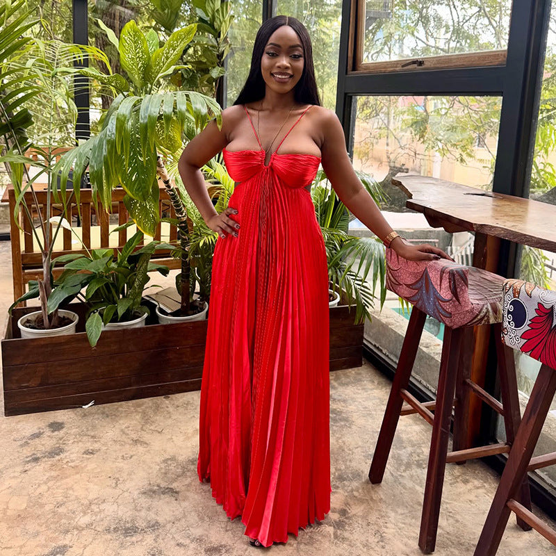 European and american women's clothing  autumn new arrivals: sweet, fresh, slimming, pleated high-waisted backless maxi dress