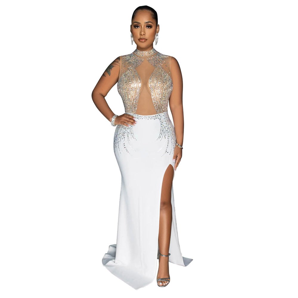 C6860 cross-border   fashion women's solid color mesh rhinestone slit maxi dress
