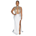 C6860 cross-border   fashion women's solid color mesh rhinestone slit maxi dress