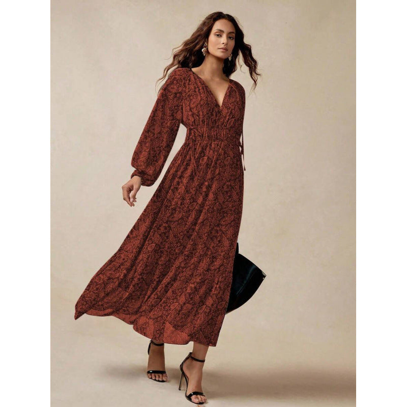 fashion bohemia retro printing loose a-line elegance lantern sleeve tie backdress women
