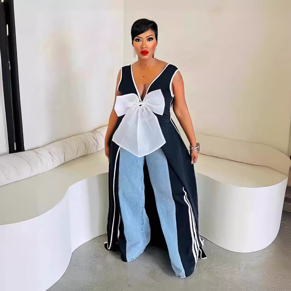 Sexy women's v-neck maxi dress with large bow and high slit - hot-selling women's apparel on  cross-border e-commerce