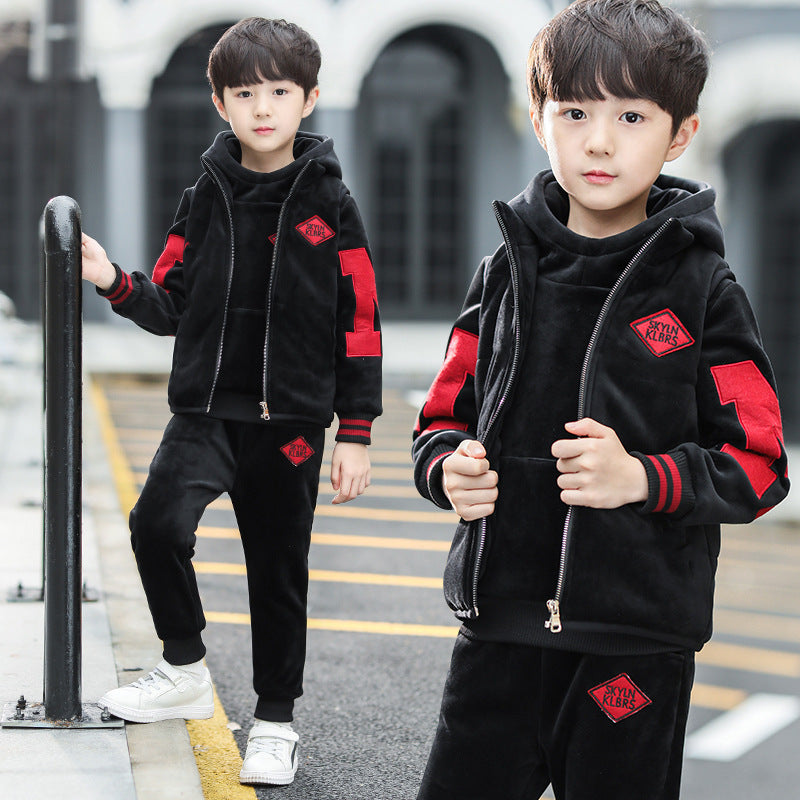 Boys' fleece-lined thickened autumn/winter outfit,  new style, mid-to-large children's clothing, boys' hoodie three-piece set, trendy style