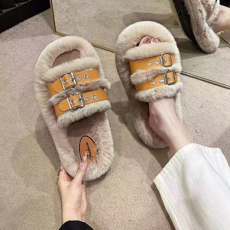 Plus size fur slippers for women 2023new arrivalfashion belt buckle thick solestuffed home outwear cotton slippers wholesale