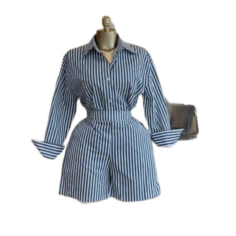 European and american style women's clothing  autumn new collection: sweet and fresh striped turn-down collar long-sleeve shirt and high-waisted straight-leg shorts two-piece set