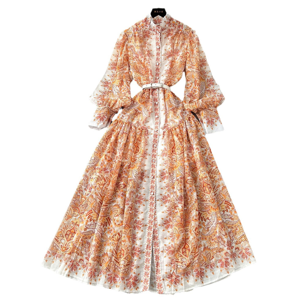 early spring resort style stand collar lantern sleeve printed single-breasted cinched waist dress - women's pleated elegant maxi dress