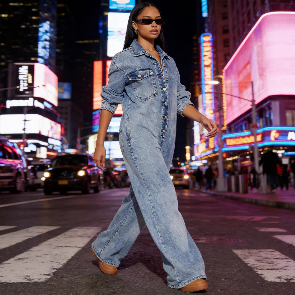 European and american cross-border women's fashion:  women's denim jumpsuit,  new arrival, button-front long sleeve romper