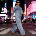 European and american cross-border women's fashion:  women's denim jumpsuit,  new arrival, button-front long sleeve romper