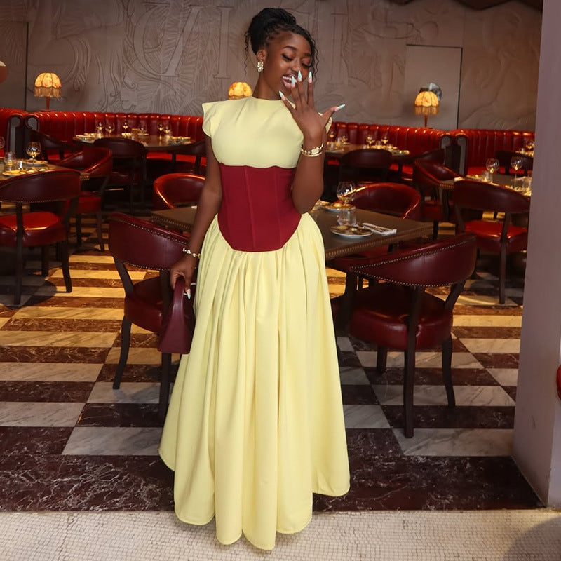 European and American  women's clothing 2025 autumn new temperament semi-turtleneck splicing waist dress medium and long dress