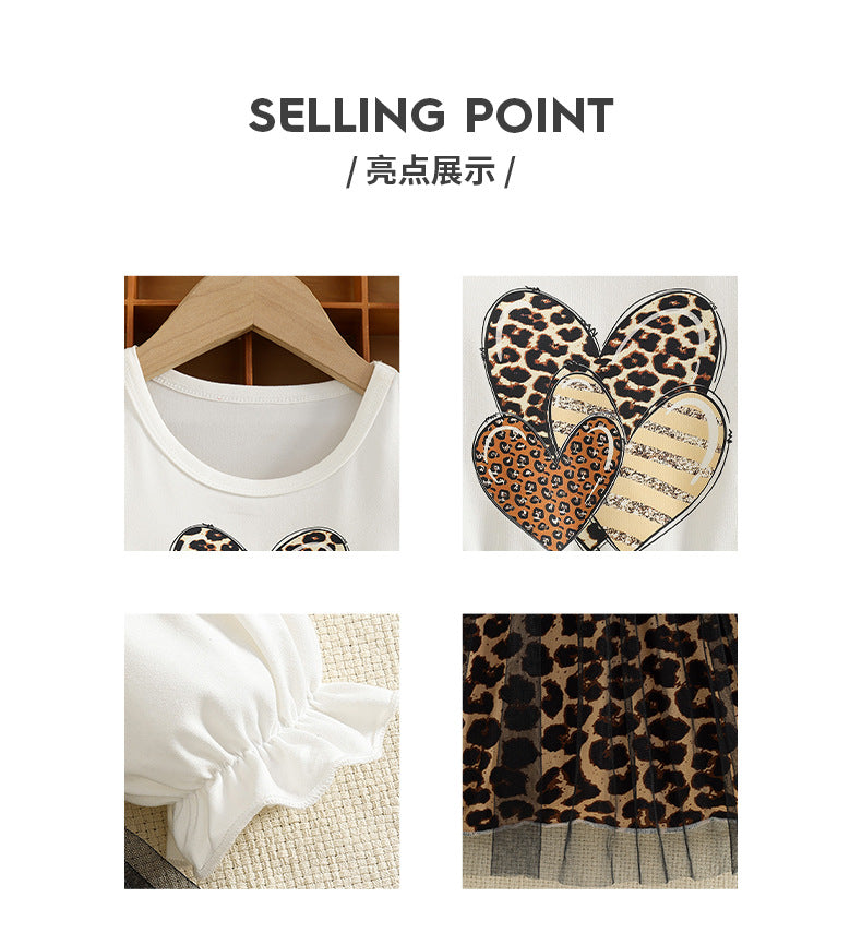 girldress lantern long sleeves heartprinting leopard print patchwork gauze skirt kidsautum princess dress