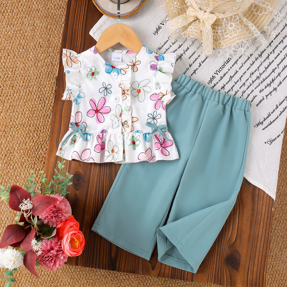 Kids clothing cross-border new arrivalfashionspring & fallgirl flower pattern short-sleeved t-shirt green pants
