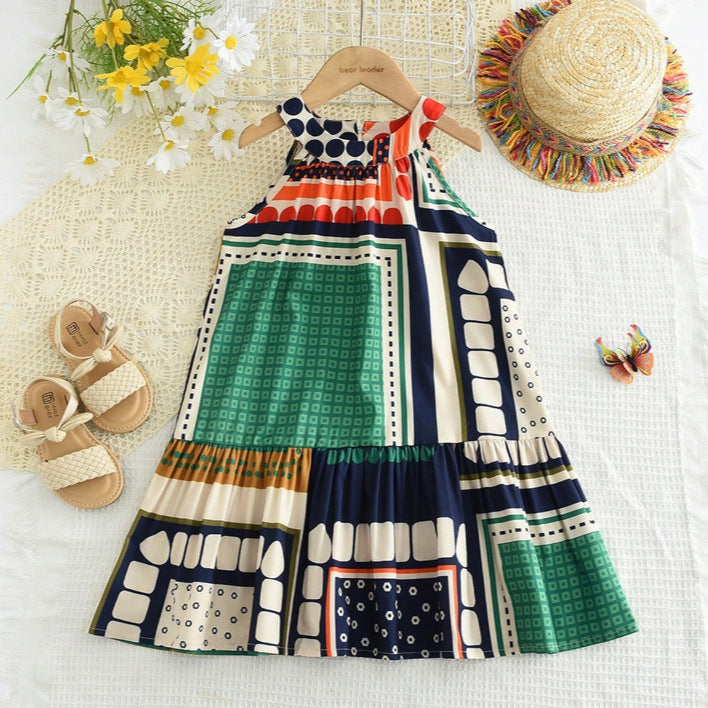 Girls'  summer new arrival: geometric print dress, ethnic style halter dress, exclusively for cross-border e-commerce, designed for the us and european markets