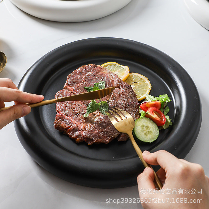 European-style matte large pasta plate, creative hotel restaurant dessert plate, steak plate, thick-rimmed black and white ceramic plate
