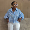 European and american cross-border women's fashion:  summer new arrival - stylish turn-down collar, hollow-out detail, loose fit, bubble sleeve design shirt top