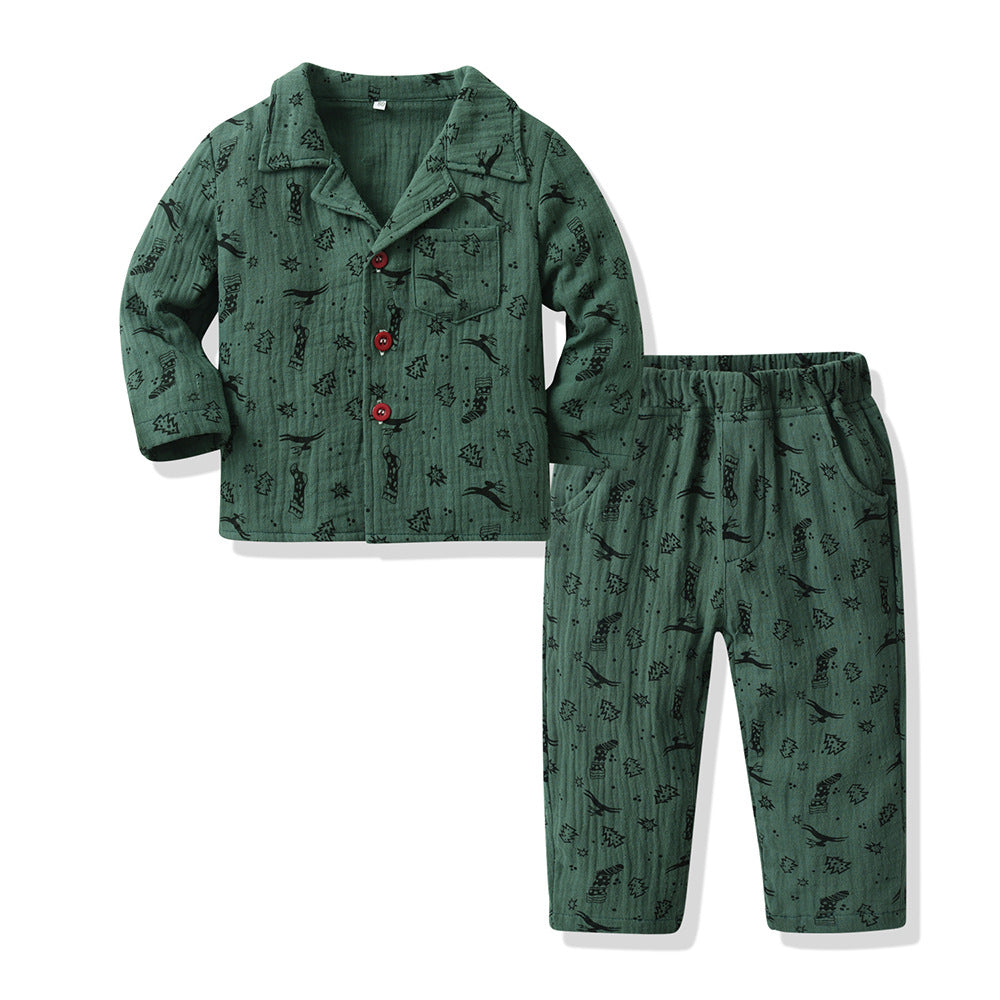 European and american style kids' pajamas - boys' and girls' long-sleeve cotton cardigan set - spring/autumn christmas print new home wear two-piece set