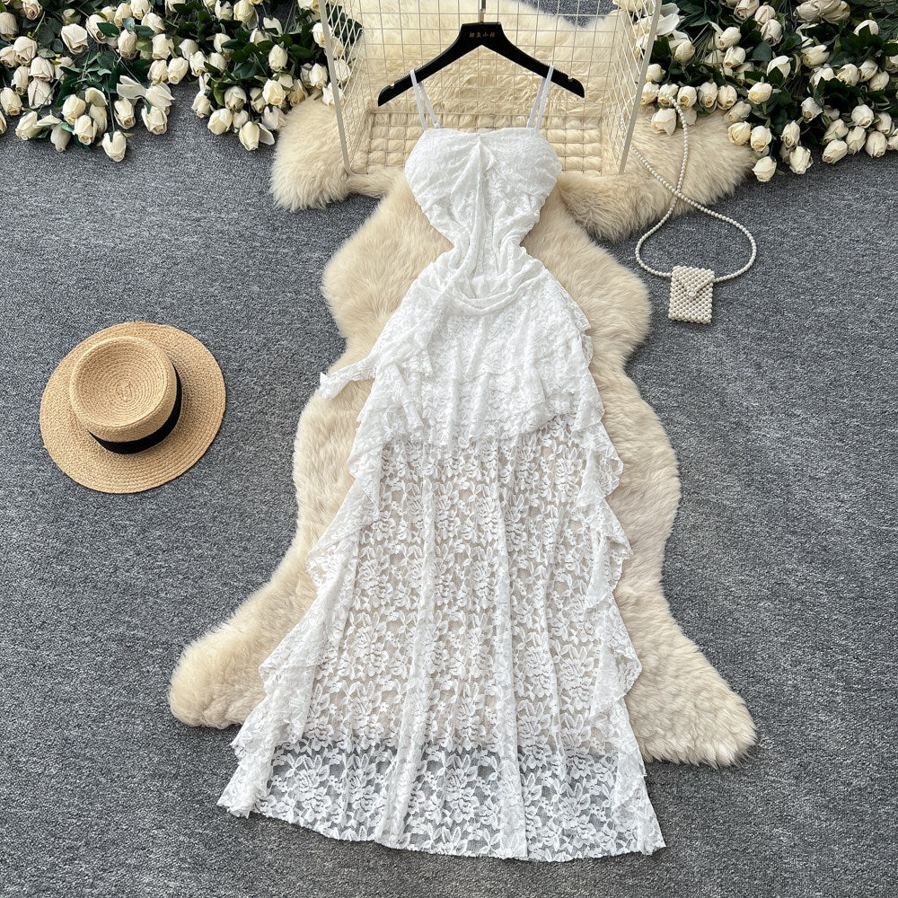 Frenchromantic style asymmetricallace suspender dress female summer pure lust style ruffles waist slimming look a-line skirt