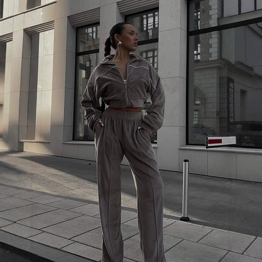 European and American  fashion sports suit women's street style long-sleeved cardigan trousers two-piece casual jacket set