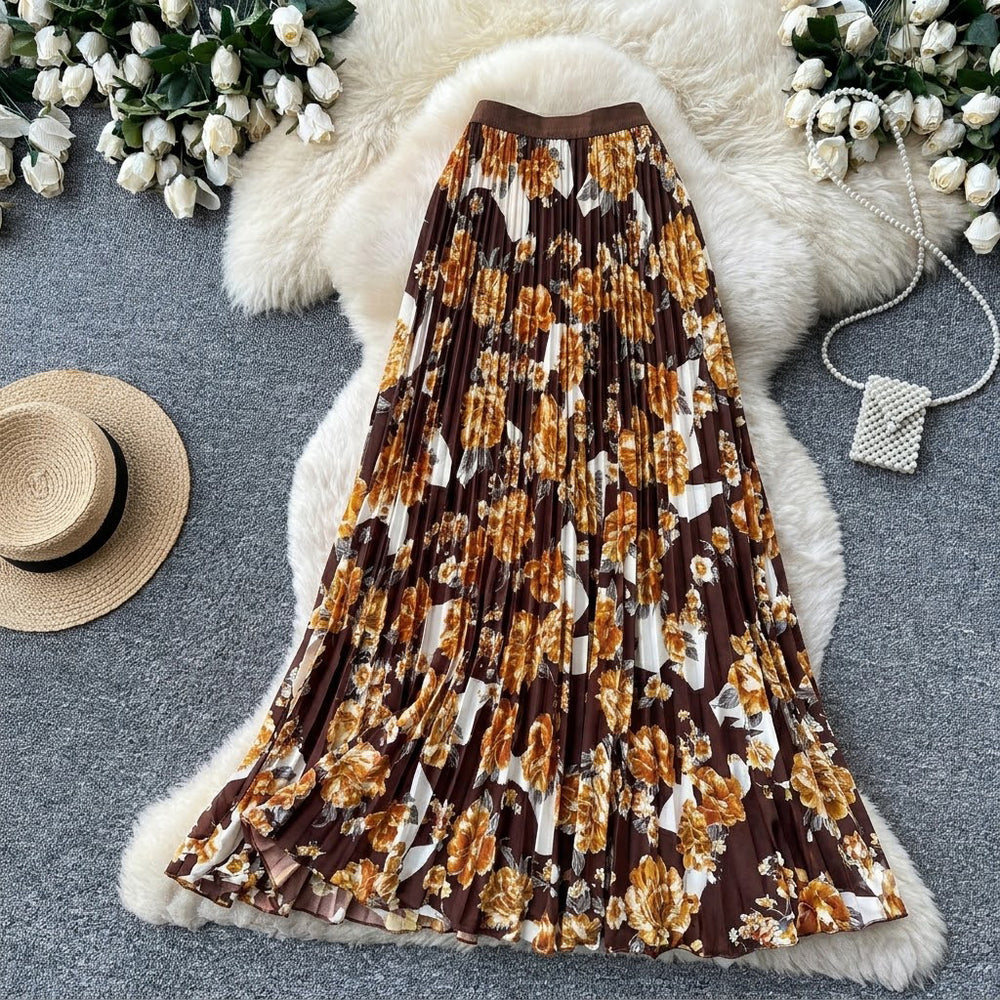 fashionretroprintingpleated elastic waist fashion skirt women's high waist a-line skirt work clothing long skirt summer